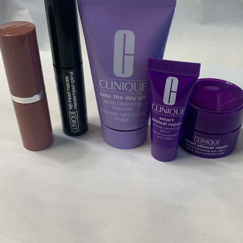 Mascara, lipstick, take the day off facial cleansing
mousse, eye cream, serum